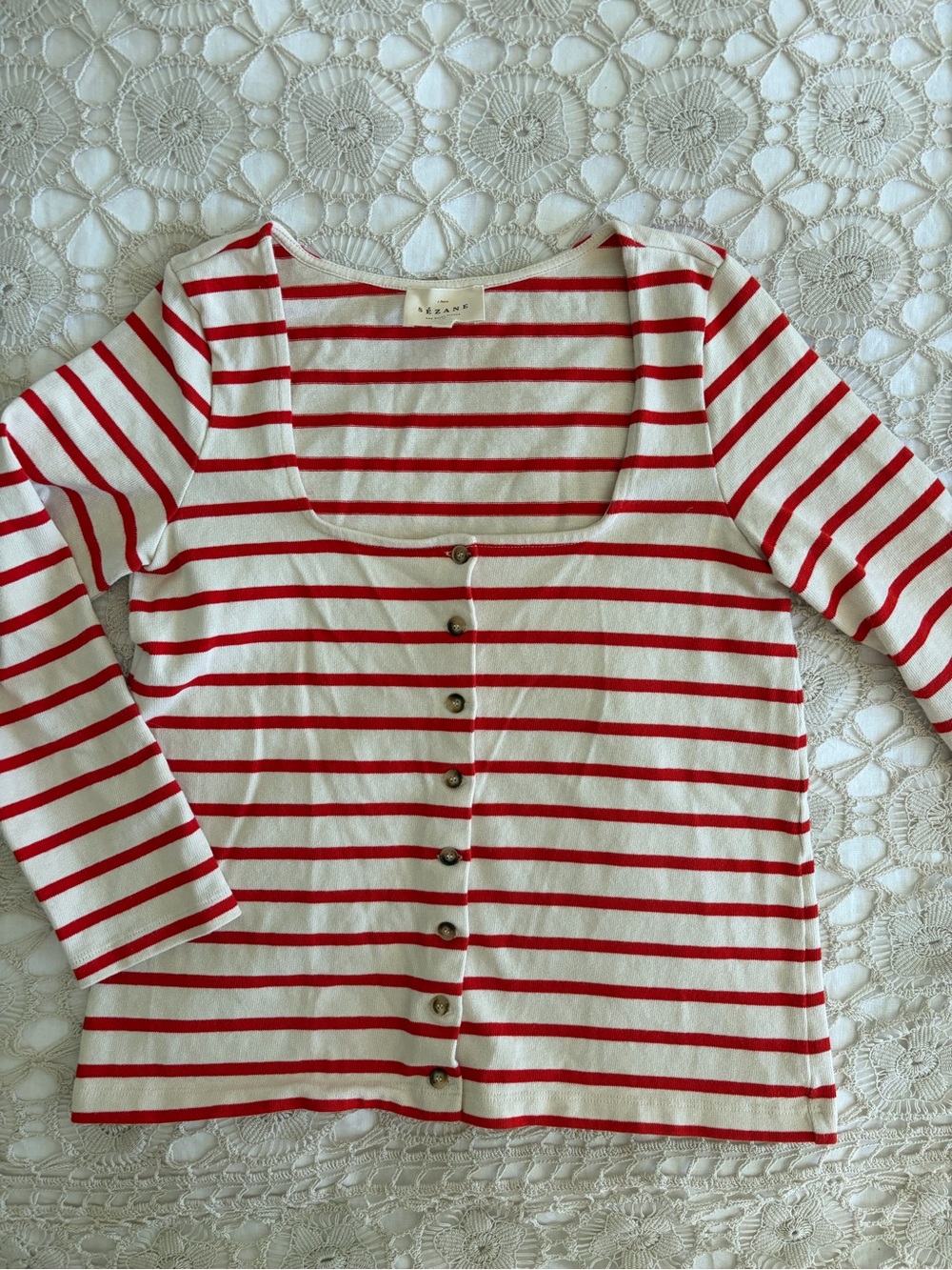 Sezane striped Button-Front Square Neck Top in Red and Cream